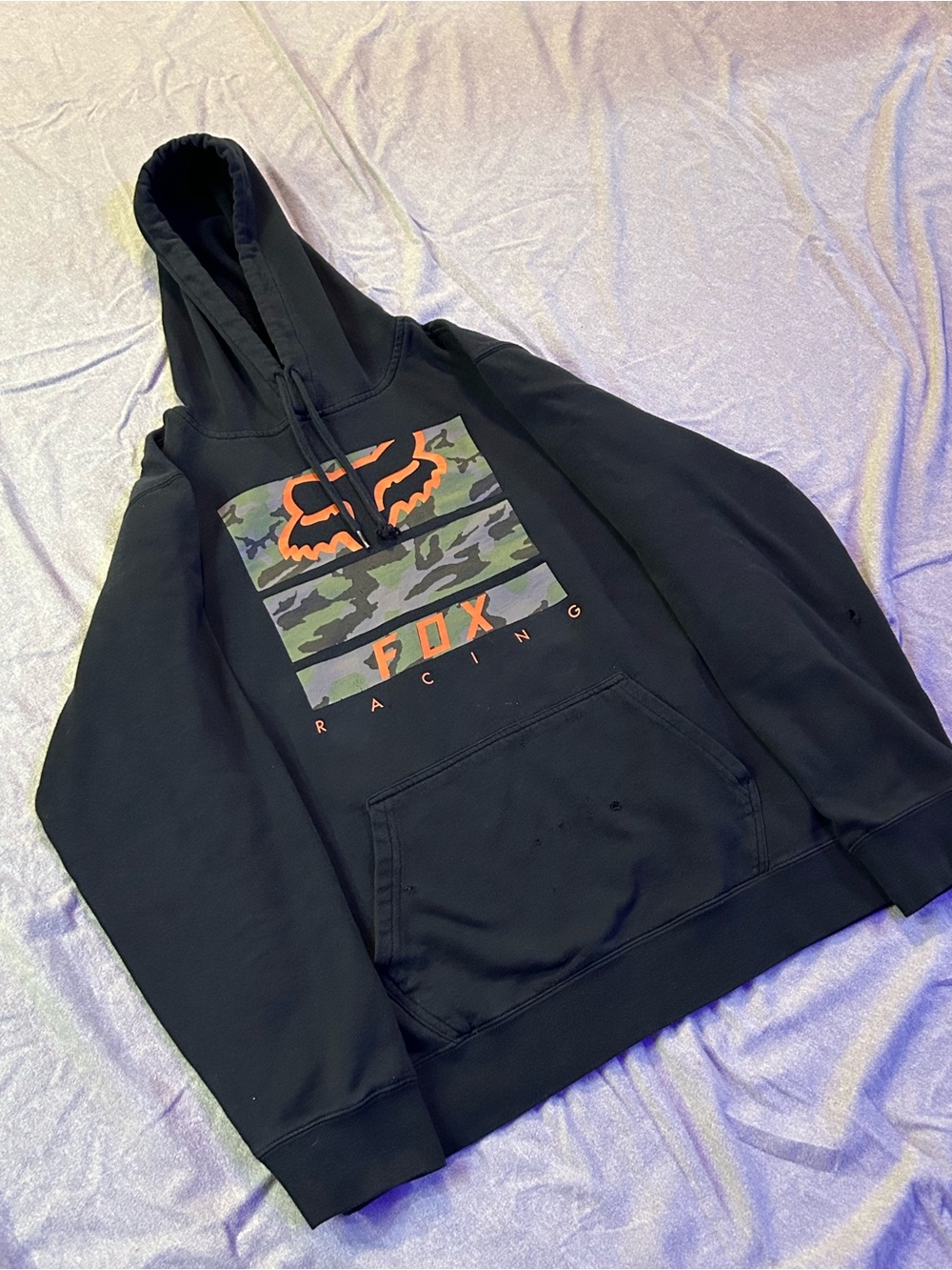 Fox Racing Pick Up Pullover Hoodie Black Camo Distressed Flaws Small Holes